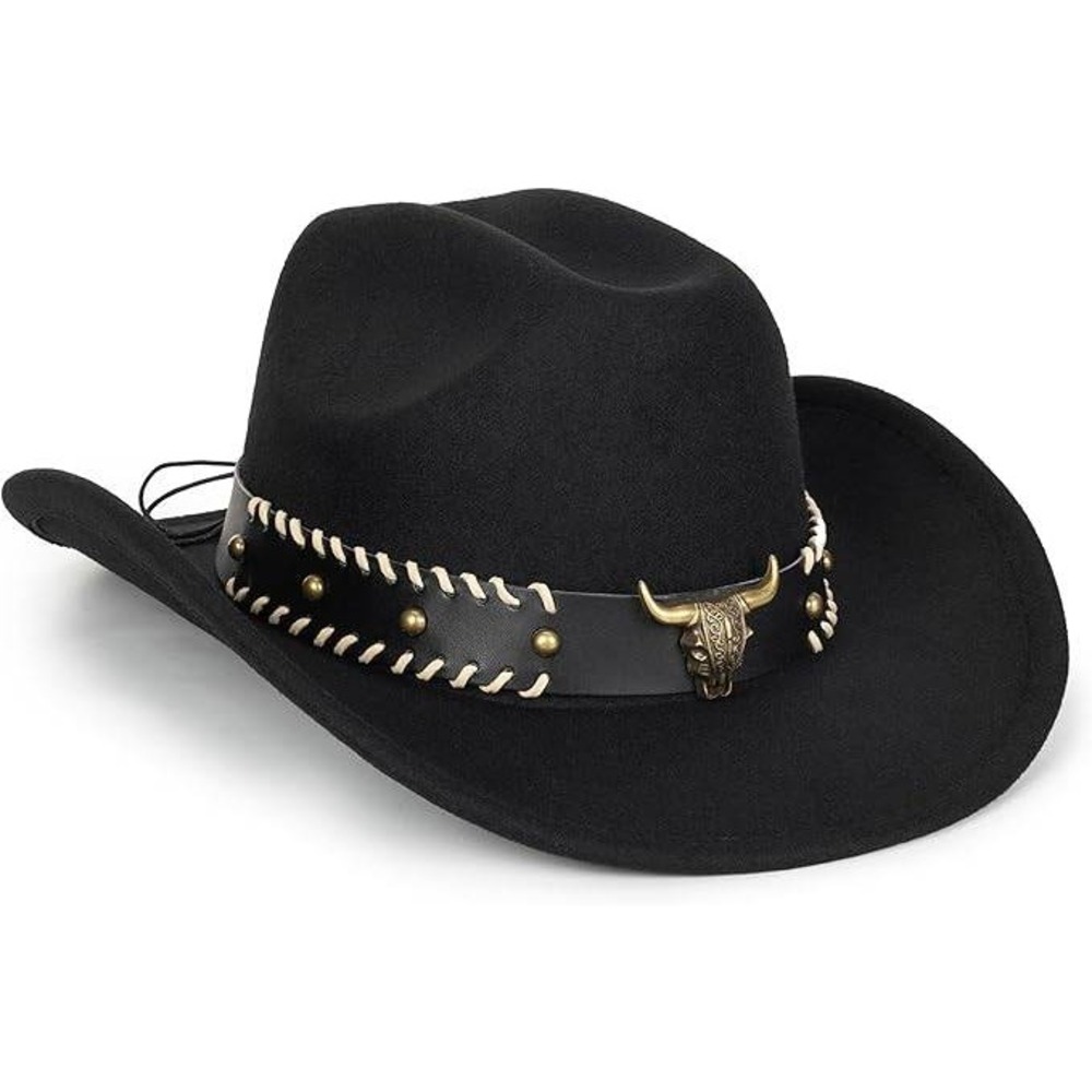 Mens Black Felt Cowboy Hat Bull Head Studded Band Western Rodeo Adjustable